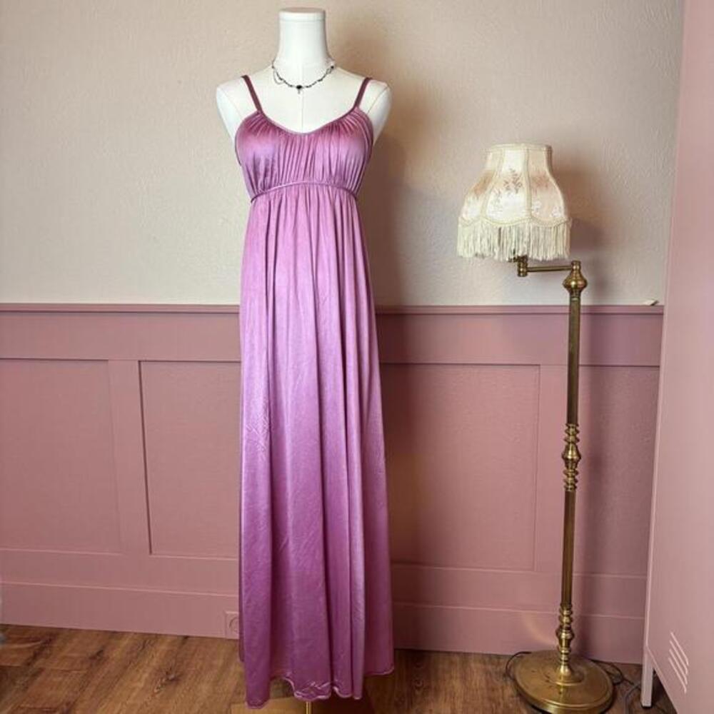 Kayser Vintage 70s Pink Babydoll Maxi Slip Dress Empire Waist Tie Back Nylon Sm